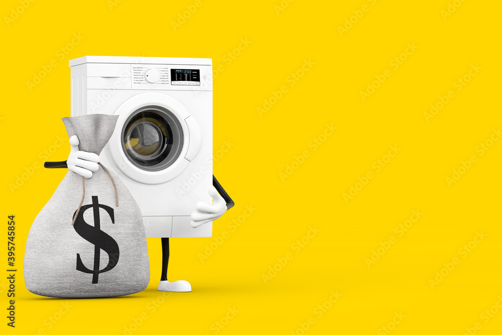 Aufkleber modern white washing machine character mascot with tied rustic canvas linen money sack or money bag 