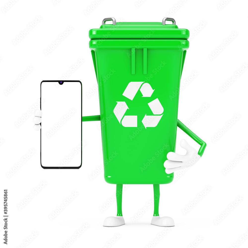 Poster recycle sign green garbage trash bin character mascot with modern mobile phone with blank screen for