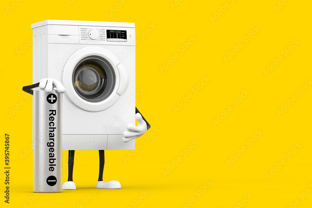 Poster modern white washing machine character mascot with rechargeable battery. 3d rendering