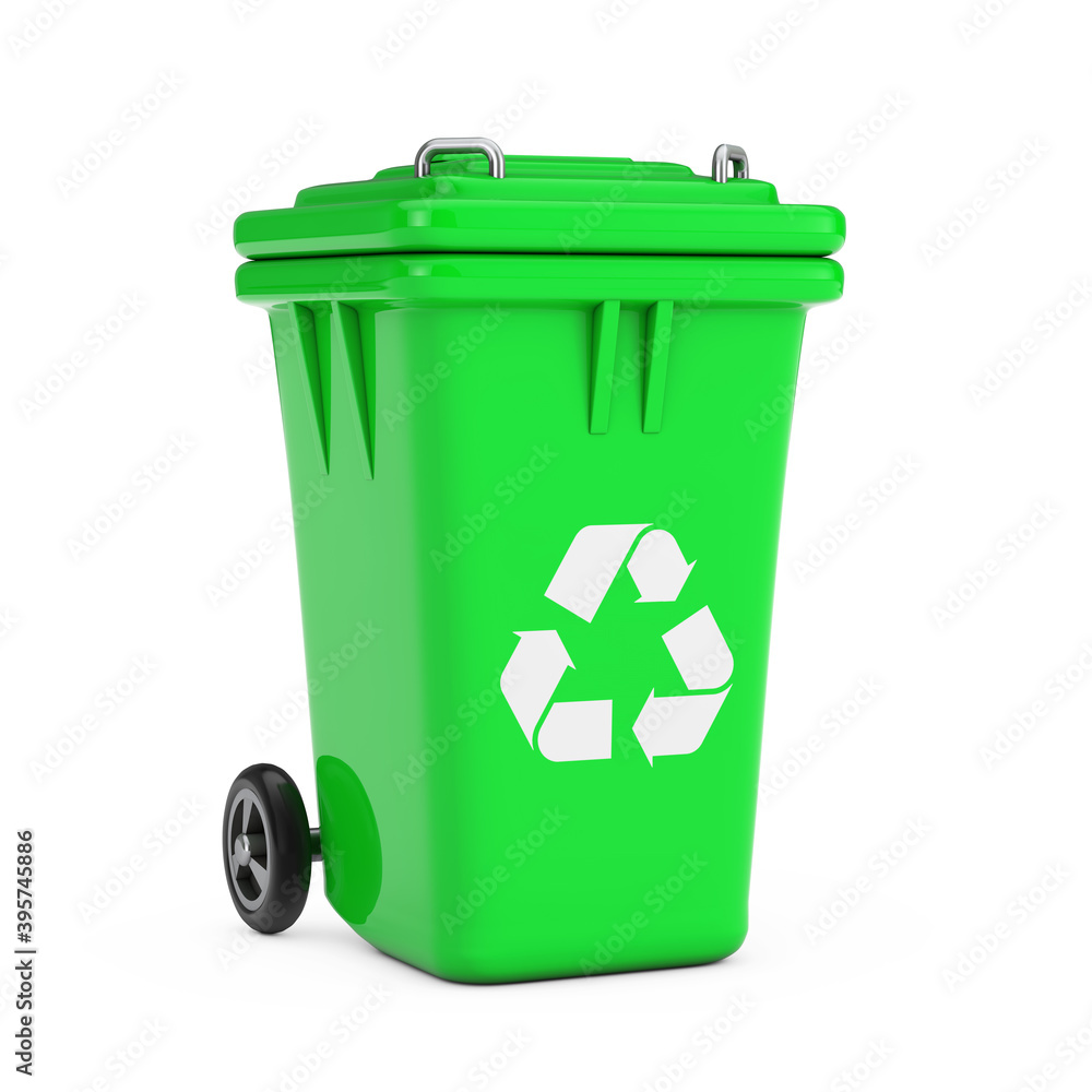Poster recycle sign green garbage trash bin. 3d rendering