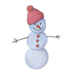 watercolor cute snowman in a red knitted hat.Christmas illustration