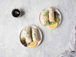 Vietnamese spring rolls and sauce in bowl