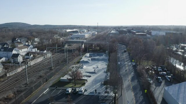Skatepark and cityscape drone aerial, Boston Massachusetts