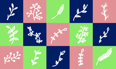 Branch hand drawn green blue white floral cranberry viburnum ear of wheat corn rye olive plants flower. Vector illustration decor bottle card square background package florist shop cosmetic design