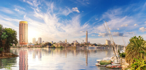 View on the Cairo downtown, harbour in the Nile near the Gezira island, Egypt