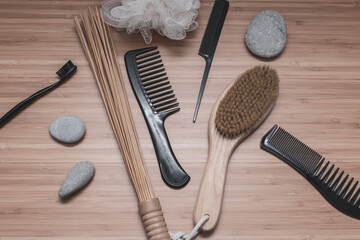 Flat lay. Minimalism. Bath accessories on bamboo. Selfcare.