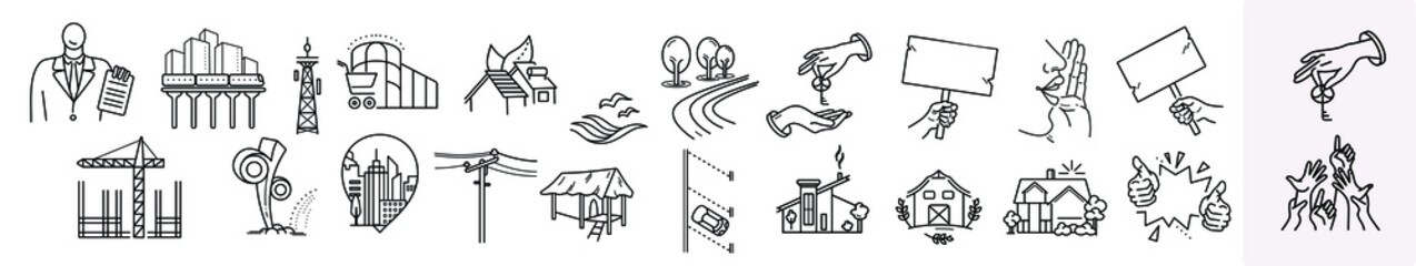 Fototapeta premium Real estate collection in minimal thin line vector illustration. Icons set of property, home loan, realtor, discount ets. Outline icons collection. 