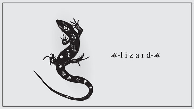 Vector illustration of a black lizard with white flowers and plants. EPS 10.