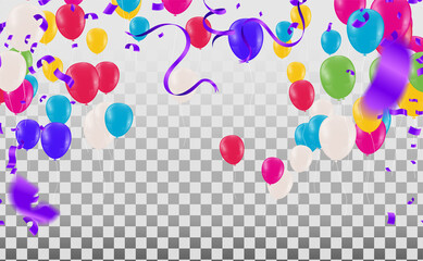 Bright colorful stars and balloons border on a background. Festive birthday party vector poster. Celebration illustration.