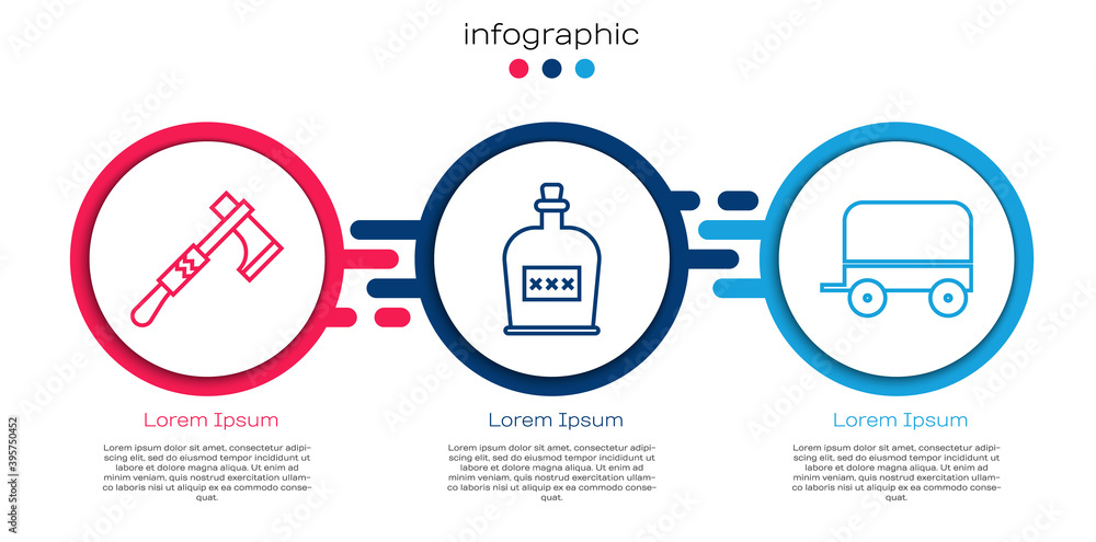 Wall mural set line tomahawk axe, alcohol drink rum bottle and wild west covered wagon. business infographic te