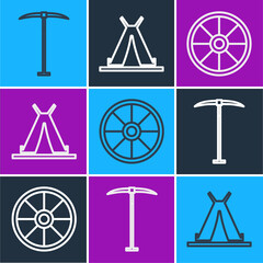 Set line Pickaxe, Old wooden wheel and Indian teepee or wigwam icon. Vector. © Oksana
