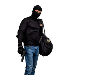 robber with a gun and a bag of money isolated on white background