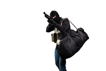 robber with a gun and a bag of money isolated on white background