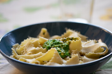 handmade pappardelle with basil pesto
