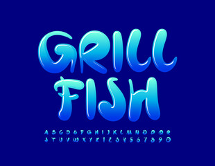 Vector creative logo Grill Fish. Gradient Blue Font. Artistic glossy Alphabet Letters and Numbers set