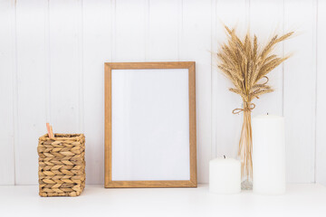 Image of mockup scene with empty wooden frame.