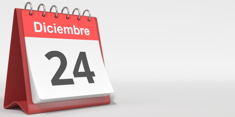 December 24 date written in Spanish on the flip calendar, 3d rendering