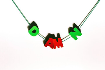Damn word text spelling by wooden colorful letters with holes, hanging strung on a lace as handmade...