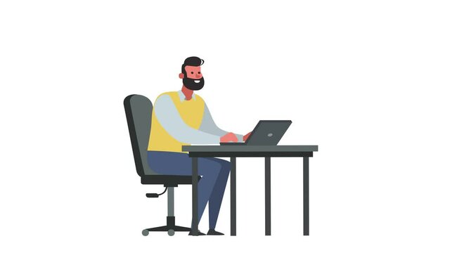 Cartoon Cute Bearded Man Character Work From Laptop Workplace Isolated Loop 2d Animation. Luma matte