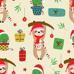 seamless pattern with  Christmas sloth and cactus  © nataka
