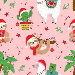 seamless pattern with Christmas llama, sloth and cactus © nataka