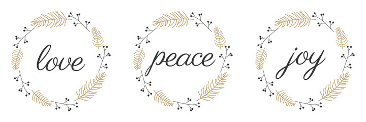 Love peace joy calligraphy inscription on a white background. Vector illustration.