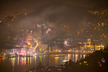 New year celebration lights over the central part of Lucerne/Luzern city in central Switzerland