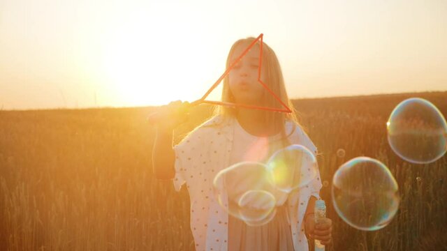 Little girl blowing soap bubbles in wheat field at sunset time. Slow motion video.