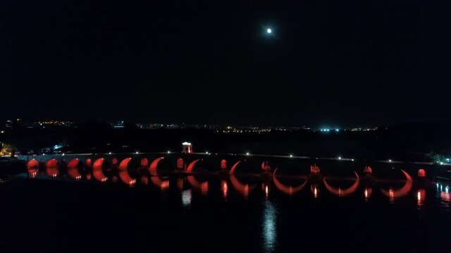 Aerial night view Mecidiye Bridge in Edirne. 4K Footage in Turkey
