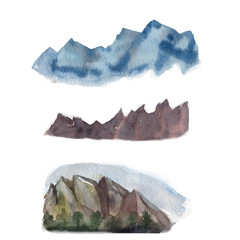 Watercolor mountains and landscape, scenery set isolated. Nature winter clipart, trees watercolor. Hand drawn illustration.