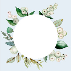 Wedding eucalyptus design frame, banner. Rustic greenery. Mint, blue tones. Watercolor eucalyptus border, wreath Hand painted branch, snowberry and leaves isolated on white background