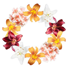 Beautiful flower wreath of lilies and pelargonium. Isolated