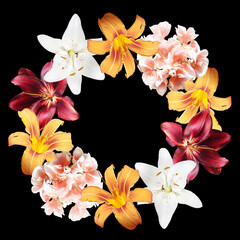 Beautiful flower wreath of lilies and pelargonium. Isolated