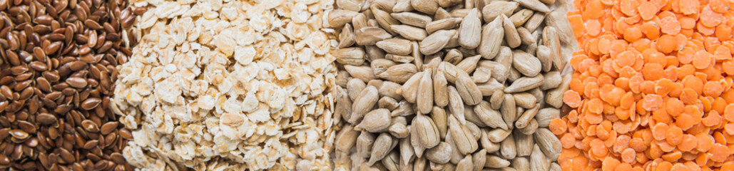 Various grains, sunflower, oatmeal, lentils, flax. The concept of healthy eating, providing the body with vitamins and minerals.