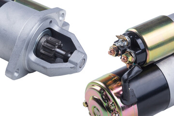 Electric Starter for a car with solenoid isolated on white background. Car spare parts