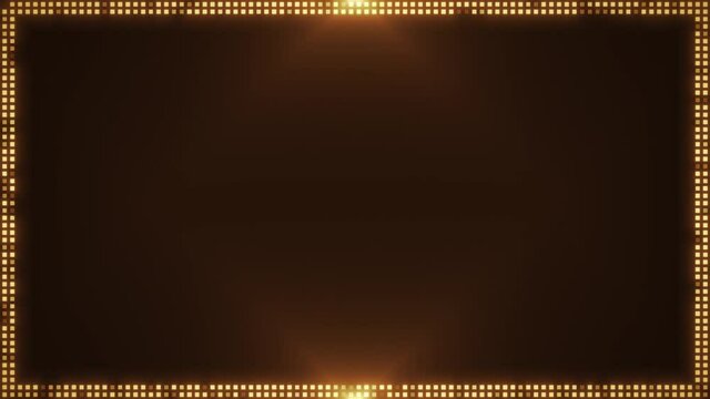 Abstract Digital Led Lights Frame Sign Animation Loop/ 4k animation of an abstract golden frame background with digital square led light glimmering and glowing dots seamless looping