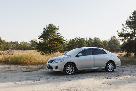 Dnipro, Ukraine - September 01, 2018: Toyota Corolla grey color, car parking in the forest, travel stop