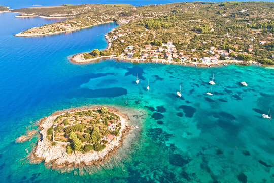 Korcula island. Aerial view of Gradina bay sailing cove on island Korcula © xbrchx