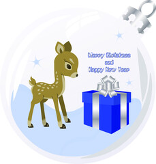 New Year and Christmas composition with cute deer in glass bauble
