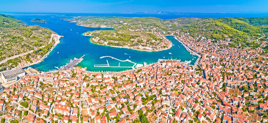 Bay of Vela Luka on Korcula island aerial panoramic view