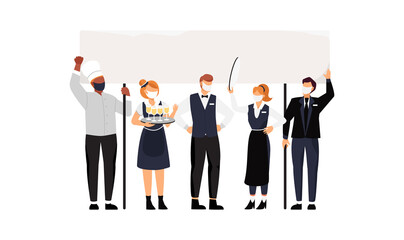 Service workers wearing face masks protest at a meeting during a coronavirus pandemic. Vector illustration