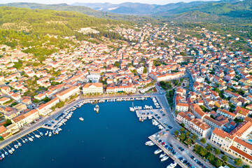Korcula. Town of Vela Luka on Korcula island waterfront aerial view