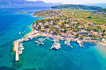 Lumbarda. Korcula island vllage of Lumbarda coastline aerial view
