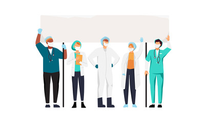 medical workers and doctors in face masks protest during a coronavirus pandemic. Vector illustration