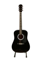 Vertical shot of a black acoustic guitar isolated on a white background