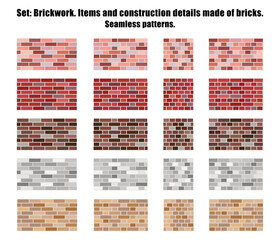 Set: Brickwork. Seamless patterns. Items and construction details made of bricks. Can be used for social media, posters, email, print, ads designs.
