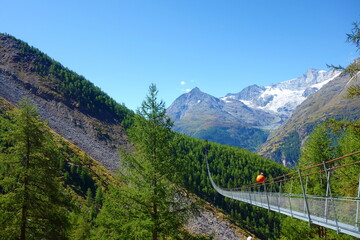 Fototapeta na wymiar Charles Kuonen suspension bridge in Swiss Alps. With 494 metres, it is the longest suspension bridge in the world. Valais, Switzerland