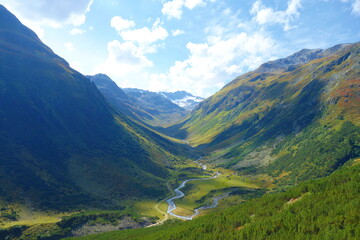 Naklejka premium Breathtaking landscape of Obersulzbachtal valley surrounded by mountains and glaciers in Austrian Alps near to Schladming