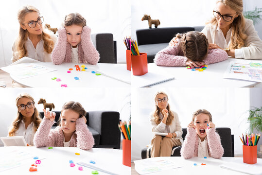collage of woman psychologist testing little girl patient with figures and paintings