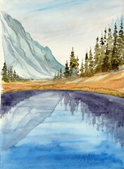 Watercolor illustration of a forest lake with the fir trees reflecting in the water, a sandy shore and the mountains on the background